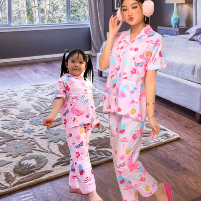 baju tidur couple KARAKTER ANGSA PINK / flaminggo /PASANGAN ANAK/DEWASA/MOM SET PIAMA CELANA PANJANG