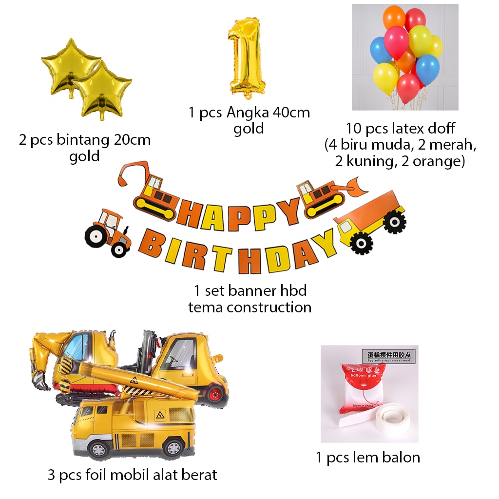 [PAKET] Set Ulangtahun Anak SIMPLE BANNER CONSTRUCTION Dekorasi Balon Hiasan Pesta