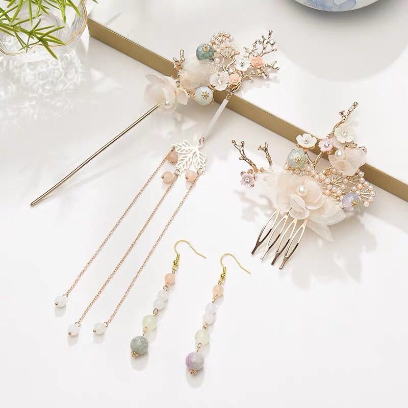 Set Hairpiece Anting Sirkam Tusuk Konde Sangjit Aksesoris Rambut Cina