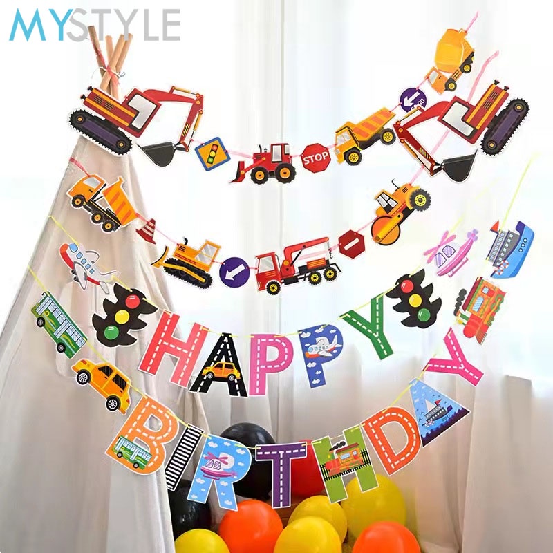 HAPPY TIME BANNER TRAFFIC LIGHTS TRANSPORTASI MOBIL PESAWAT KAPAL KERETA LAMPU MERAH DEKORASI ULANG TAHUN TULISAN HAPPY BIRTHDAY