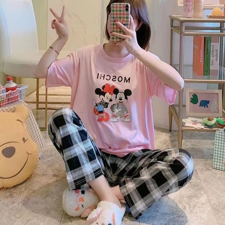 Baaju.id Baju Setelan Piyama Import Jumbo Big Size Baju Rumah Baju Tidur Wanita KR1001-MOSCHI (PINK)