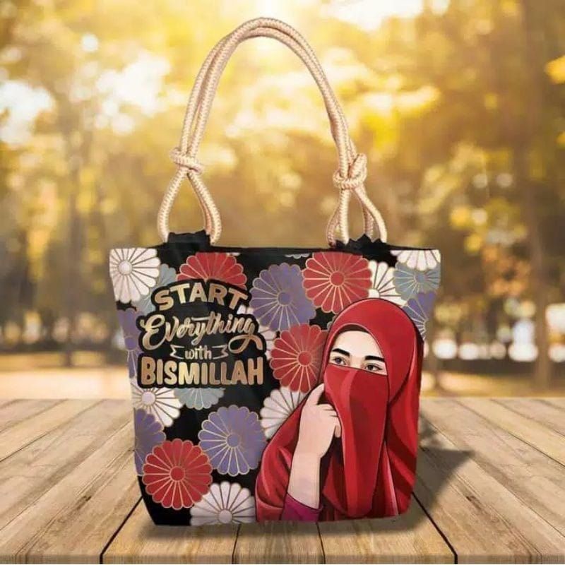 Tas tote bag tali sumbu hijab motif stael