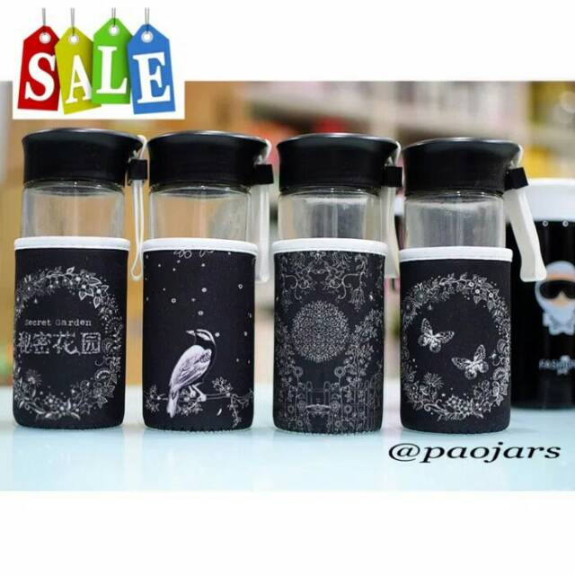Botol minum kaca / botol minum motif garden / botol minum kaca / botol minum sarung