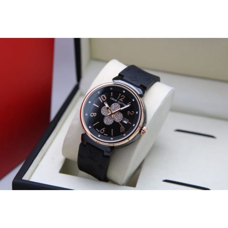 (SJ)JAM TANGAN LV NEW COLLECTION FASHION WANITA TALI RUBBER PREMIUM CASE RING ROSEGOLD BLACK FREE BO