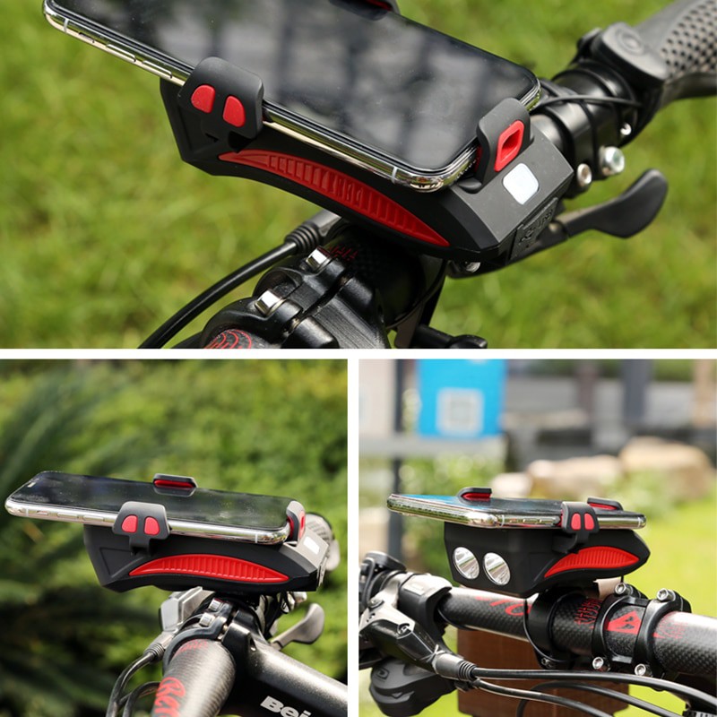 Lampu Sepeda Depan 4 in 1 Phone Bracket Light Bike Bell Power Bank