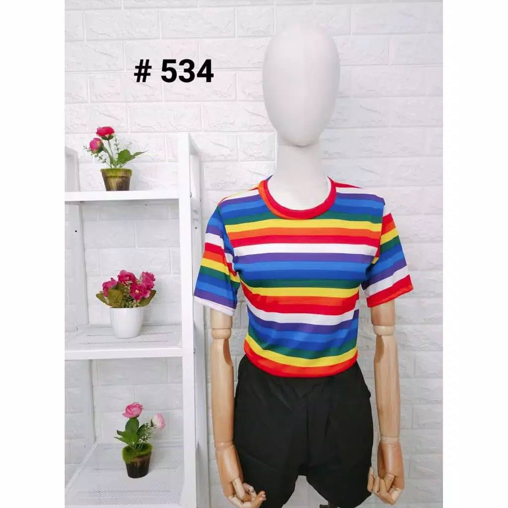  KAOS  T SHIRT BAJU  WANITA O NECK MOTIF GARIS PELANGI SWEET 