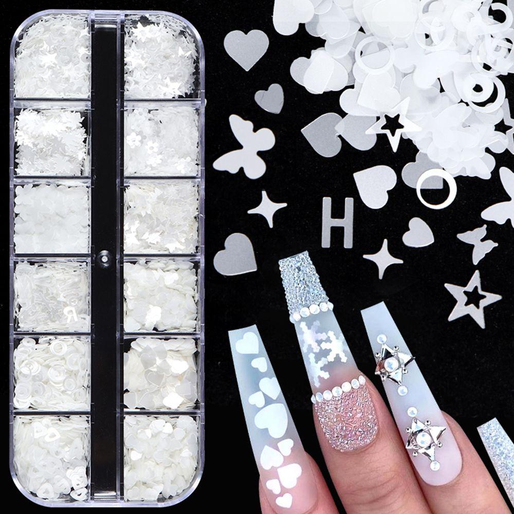 AUGUSTINA Agustina Stiker Kuku 3D Pesona Fashion Kupu-Kupu Putih Bintang Love Nail Sequin