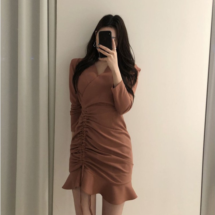 KDR-43 elegant dress v-neck kerut fashion wanita import korea