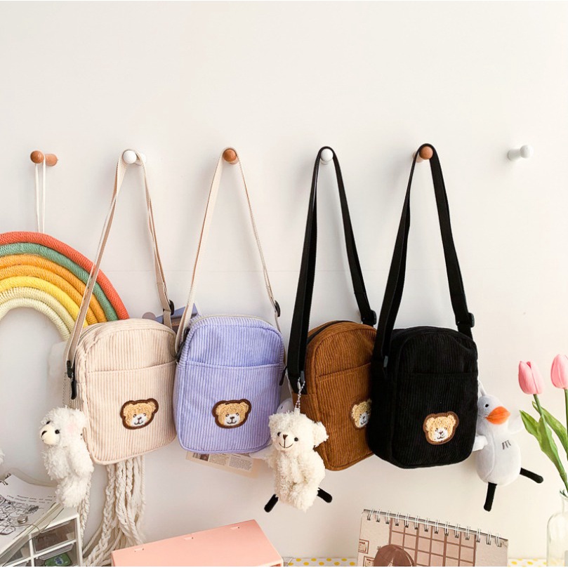 TOBY Tas Selempang Corduroy Mini BEAR Sling bag Wanita Remaja anak Cute Korean Style Viral Hangout lucu Aesthetic Style Chikoisme