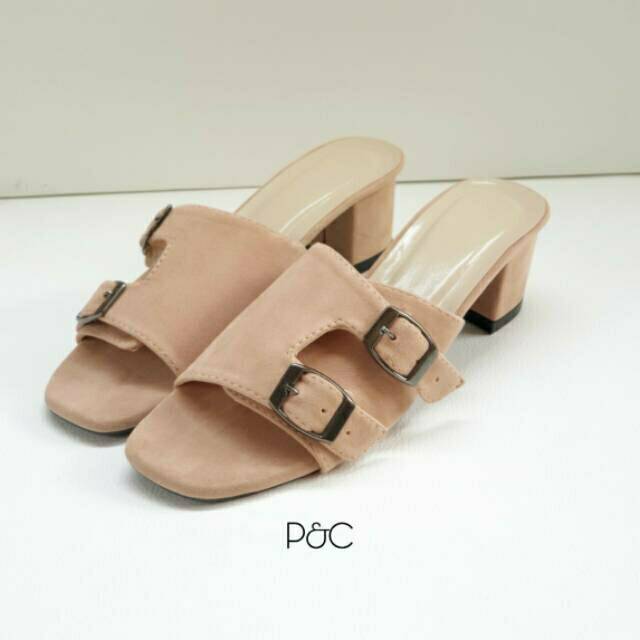 Sendal heels suede model gesper wanita santai main jalan hangout liburan cewek cewe cantik lucu