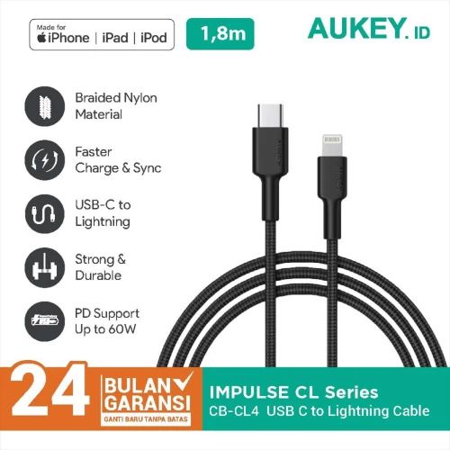 Aukey Cable Braided Nylon Type C to Lightning - 1.8m - SKU : 500821 - CB-CL4 - Garansi Resmi 2 Tahun