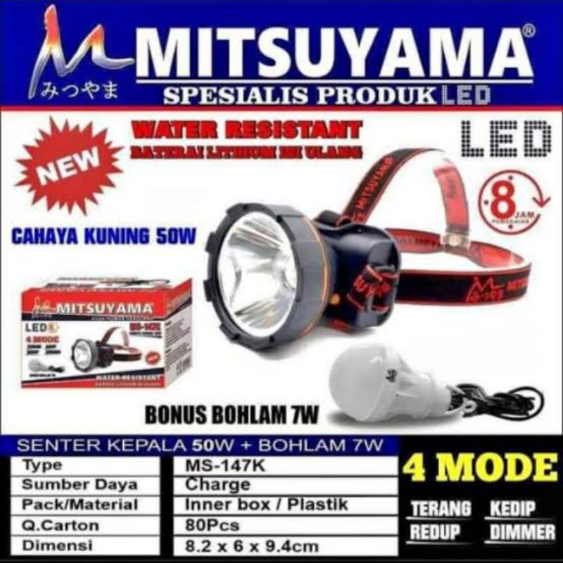 Senter Kepala Headlamp MS-147K Cahaya Kuning 10W FREE Bohlam LED