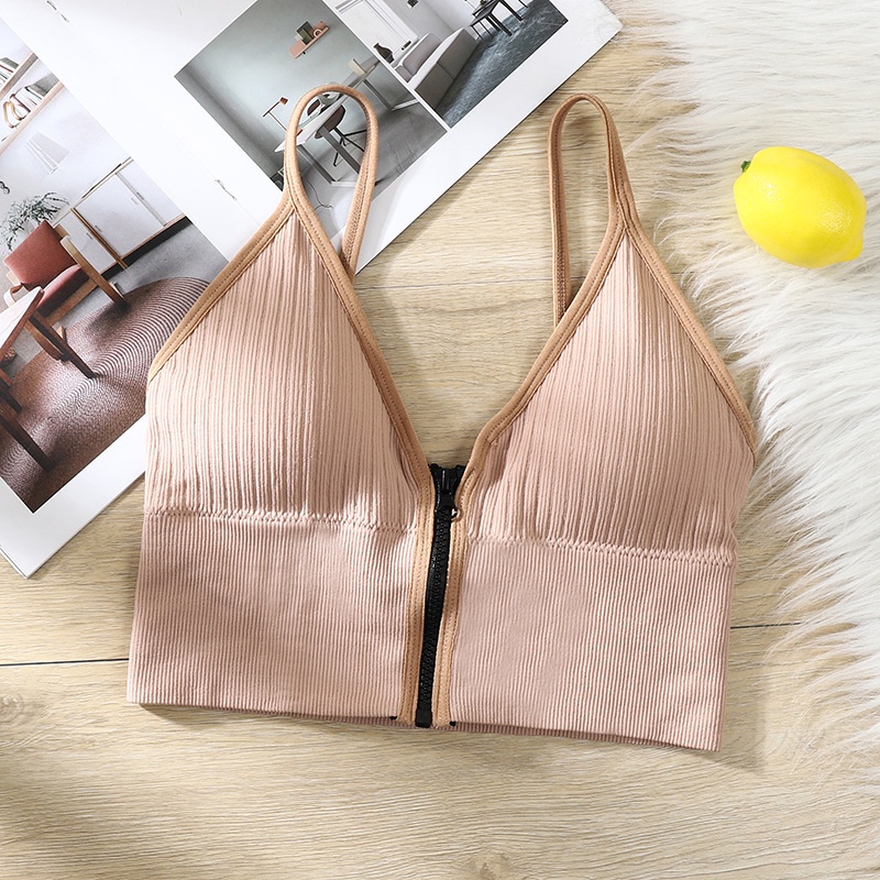 BOS Tank Top Yoga Wanita 6404 Bra Fashion Tanpa Kawat Elastis Pakaian Dalam Wanita Resleting-PINK
