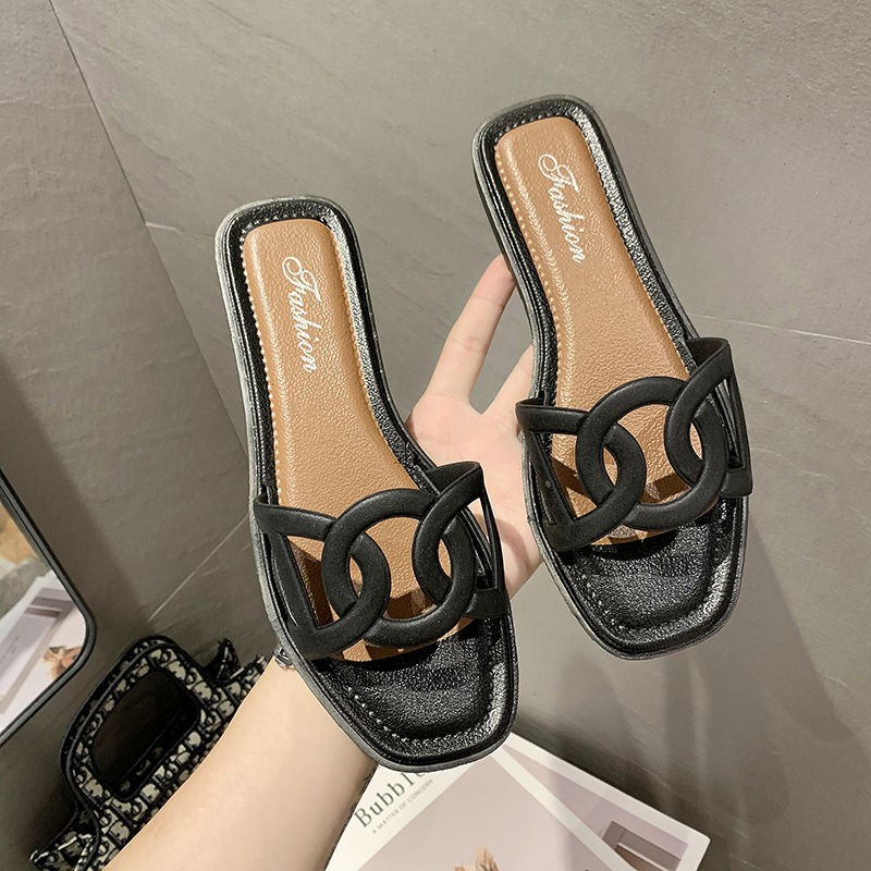 {Lav - S940} Sandal Fashion Model Bulat / Sandal Slip Wanita Motif Lingkaran / Sandal Slop Cewek-Hitam