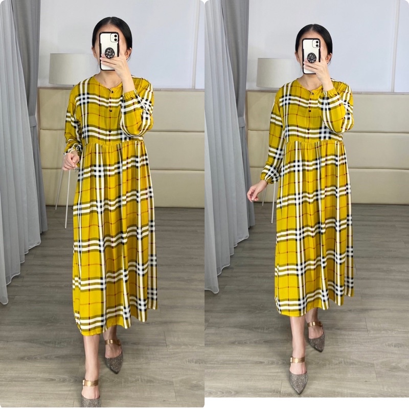 Midi Tunik Motif kotak /  rayon Tunik Premium / Tunik busui / midi dress busui