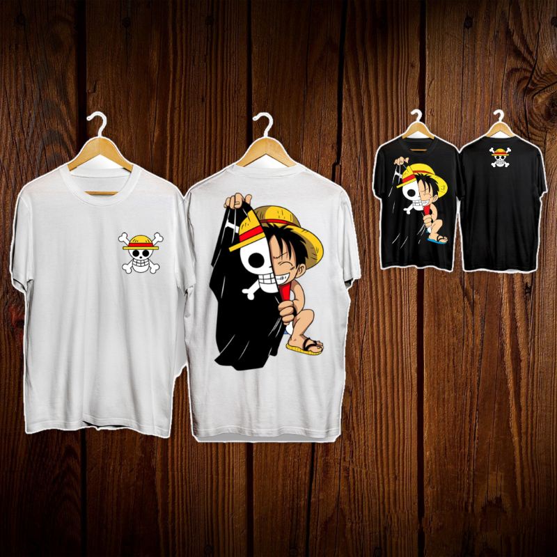 Kaos distro terbaru  pria kaos oblong anime onepiece luffy half face hitam putih keren simpel kekini