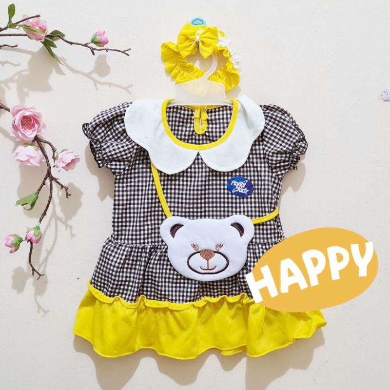 DRESS MOTIF BEAR BONUS BANDANA BAJU ANAK BABY (0-7BLN)CEWEK LUCU MURAH