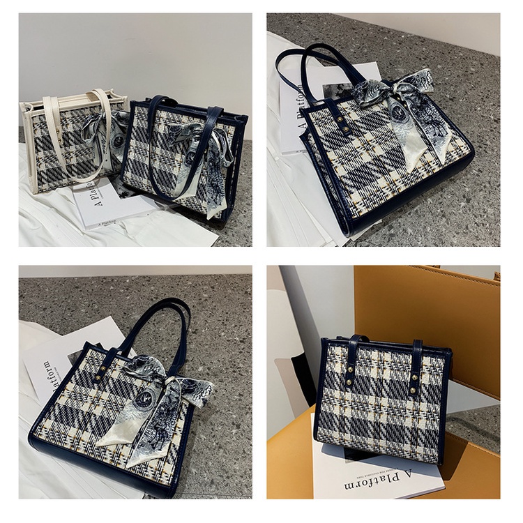 Drozenb Tas Tote Wanita Fashion Korea Motif Kotak/Totebag Fashion Korea Rajut Impor/Tas Tote Bahan Rajut Model Korea Fashion