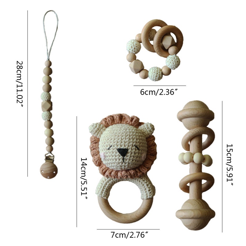 Mary 4pcs / Set Mainan Rattle Teether / Dot / Empeng Bayi Bentuk Singa Bahan Kayu