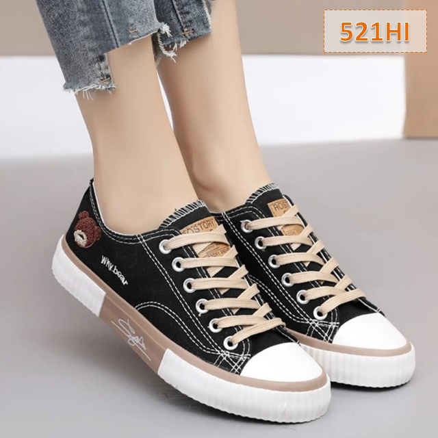 Sepatu Sneakers Wanita Tali Terlaris AS 167 Cewek Whybear Lite Sole 3 cm Hitam Putih (521)