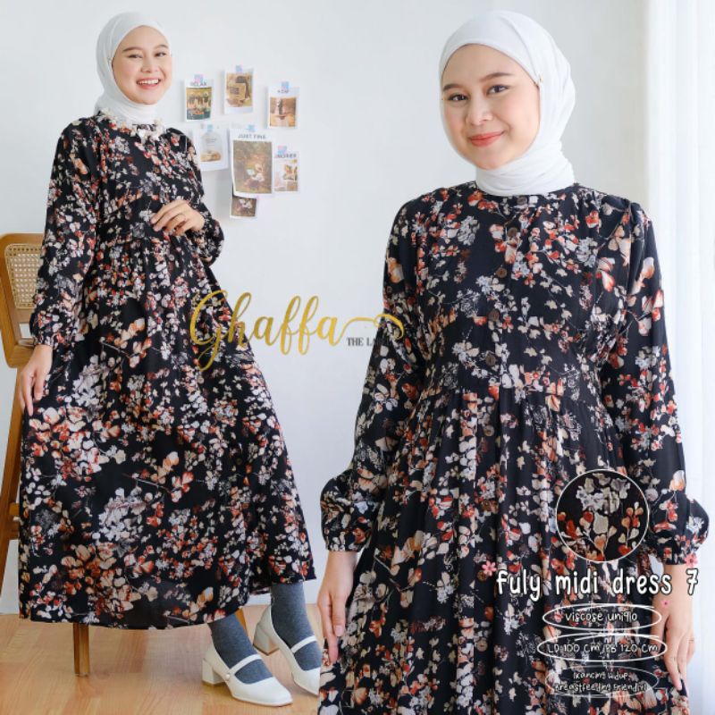 FULY MIDI DRESS BY GHAFFA THE LABEL / MIDI WANITA MUSLIMAH / motif bunga rayon viscose uniqlo