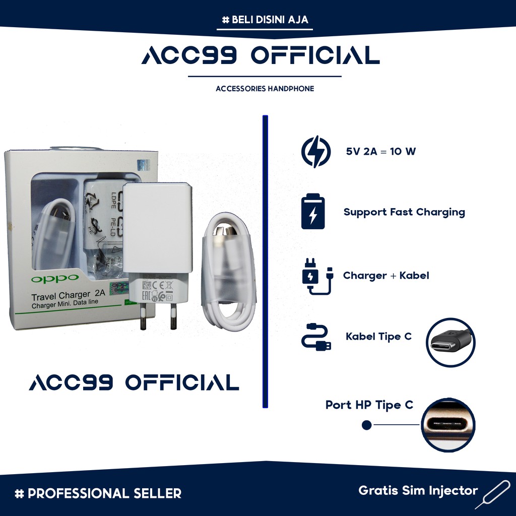 Casan Oppo Tipe C Original Fast Charging 5V 2A Charger Oppo Tipe C Original Cas Oppo Tipe C Original
