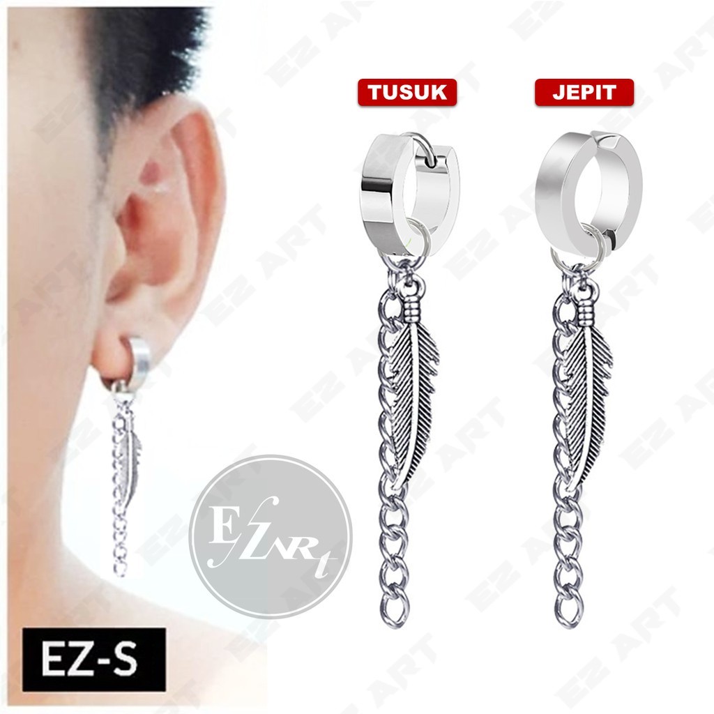 1Pc Model EZ-S Silver Anting Jepit Tusuk Variasi Bandul Gaya Punk Korea KPOP Stainless Steel