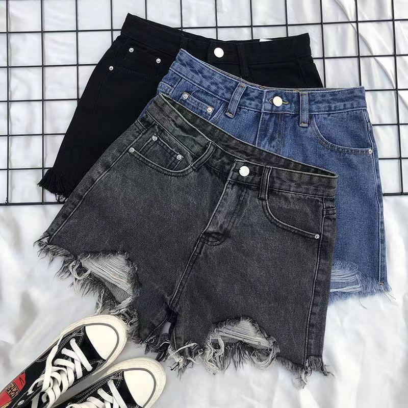 Hot pants celana pendek korean style wanita hitam/putih/biru muda celana sobek cewek ripped denim highwaist pants kekinian short pants ootd celana jeans jumbo