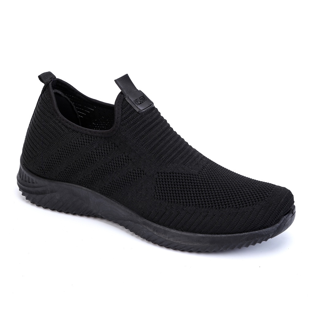 Sepatu Sneakers Cowok  Sepatu Pria Tanpa Tali Full HItam Terbaru