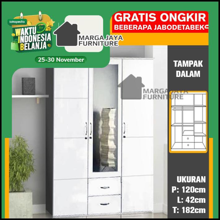 Terbatas - Lemari Pakaian 3 Pintu Minimalis Putih - Putih Hitam