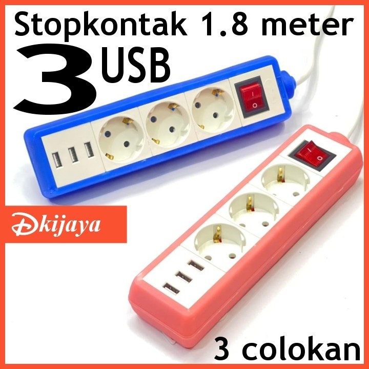 Colokan Listrik 3 Lubang 3 USB Kabel Sambungan panjang 1.8 Meter Stopkontak USB Charger