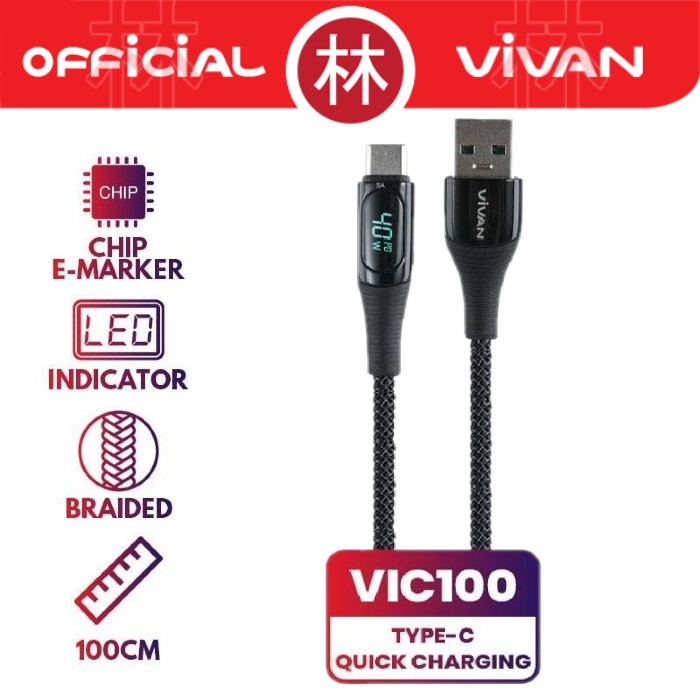 Vivan VIC100 Data Cable Type-C 40W Quick Charging 5A With LED Display