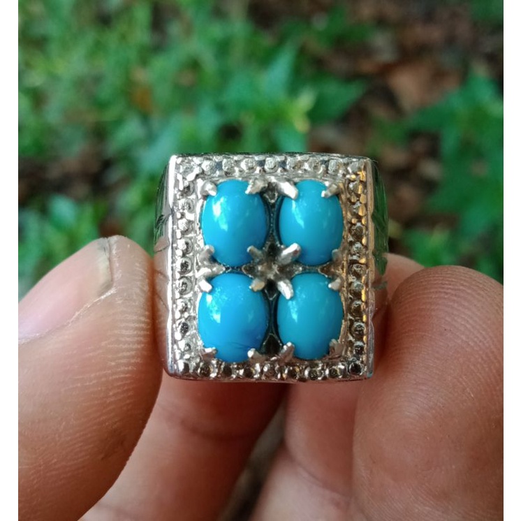 Cincin Batu Pirus Persia Biru panci Natural 4mata