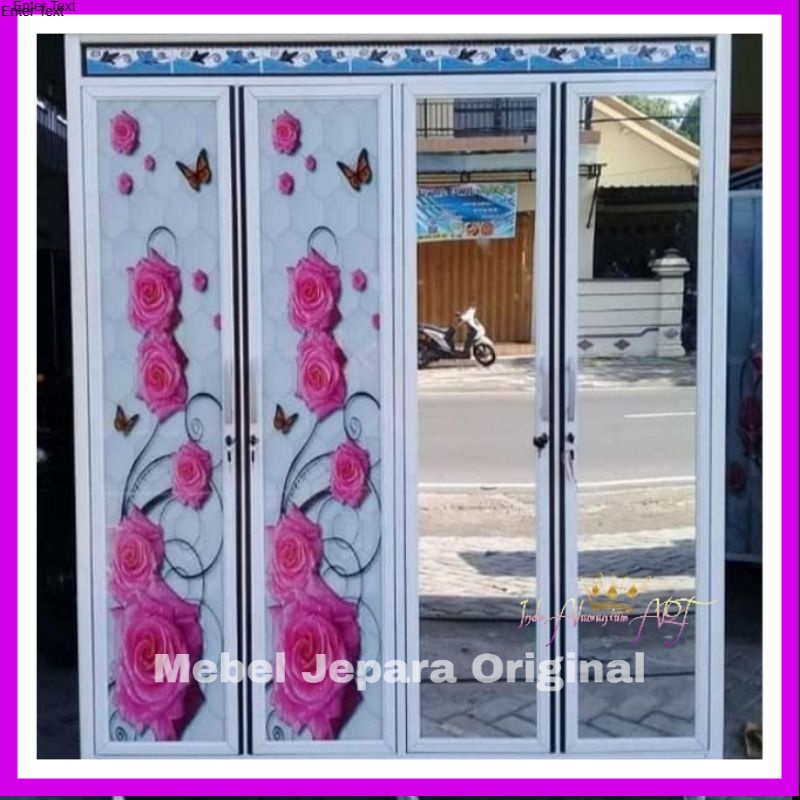 Lemari Pakaian Pintu 4 Kaca Motif Bunga Bahan Alumunium