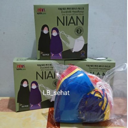 Masker Duckbill Hijab Dewasa Niancare Mix 5 Warna Isi 50 Pcs 3 Ply/ Masker Medis Duckbill Headloop