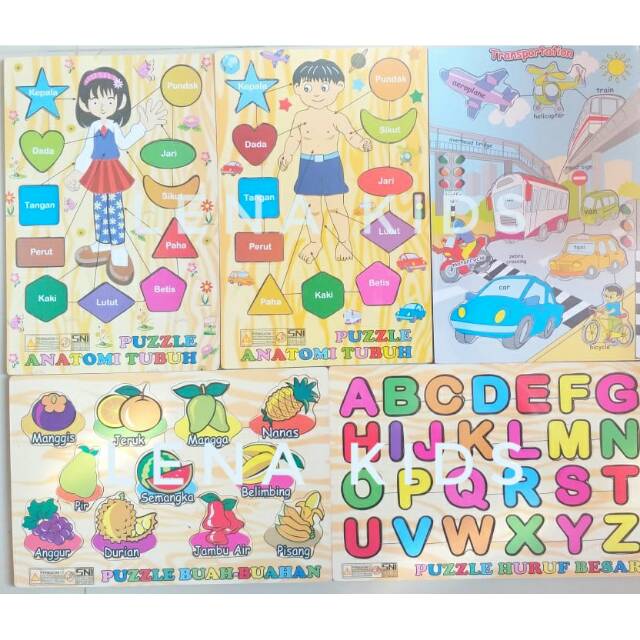 Puzzle kayu mainan edukasi anggota tubuh huruf buah puzle bongkar pasang