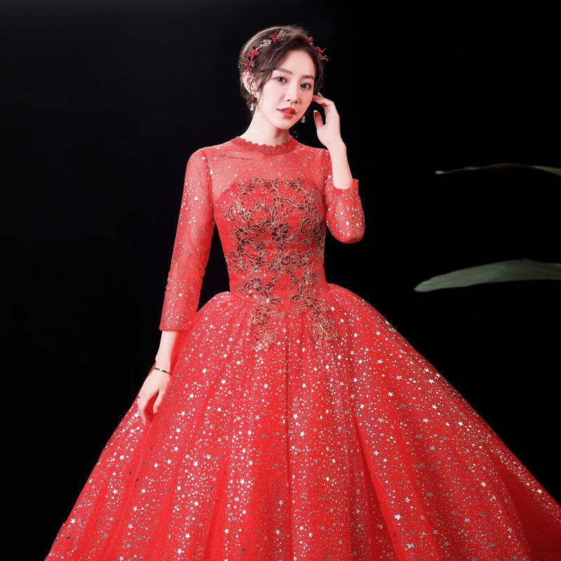 157 Women Fashion Red 3/4 Sleeve Long Tail Lace Wedding Dress
