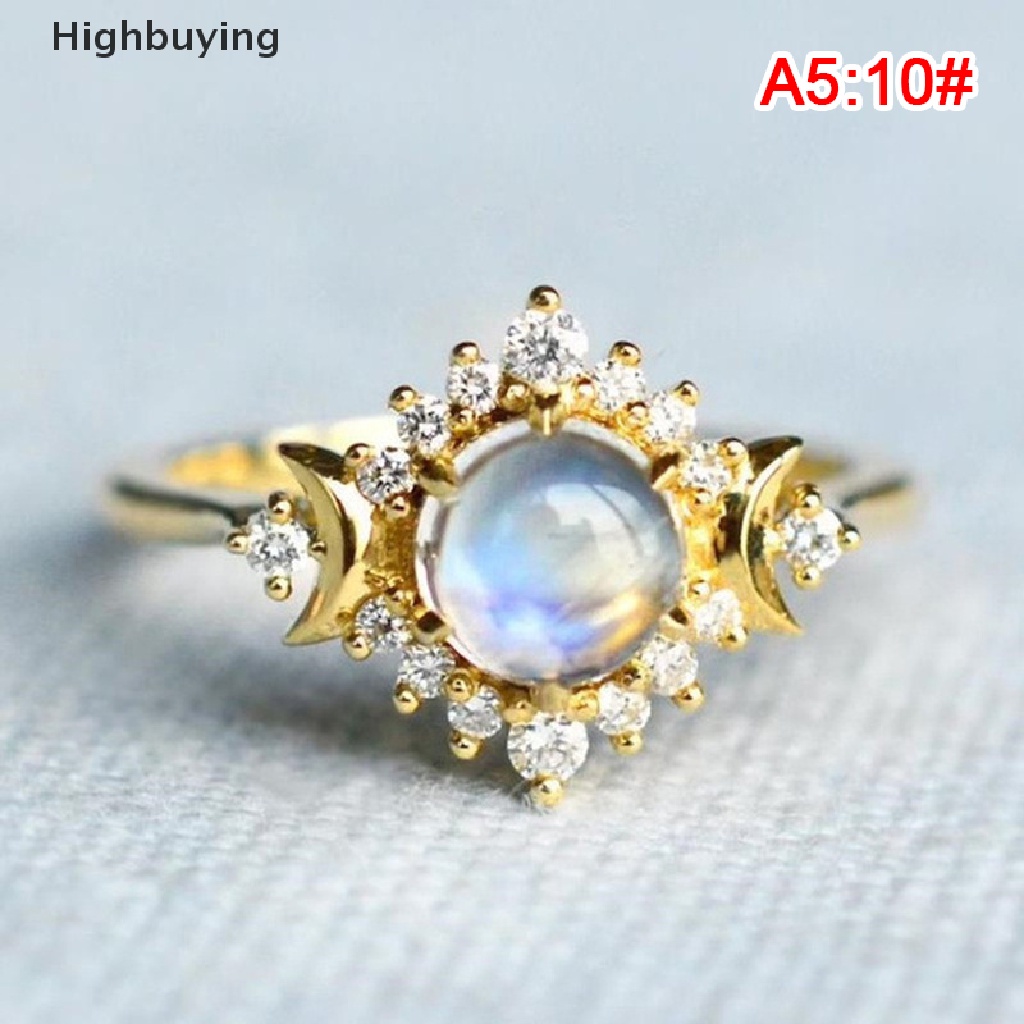 Hbid Cincin Motif Bulan Sabit Aksen Batu Moonstone Gaya Gothic Untuk Wanita