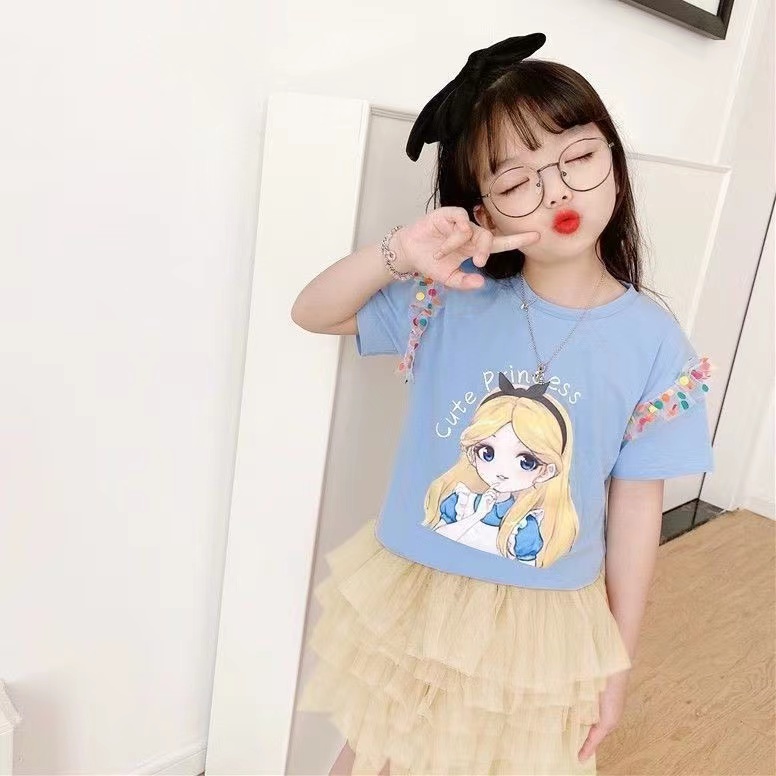 Baju Kaos Princess Anak Perempuan Impor Motif Elsa Aurora Cinderella Rainbow Sleeve