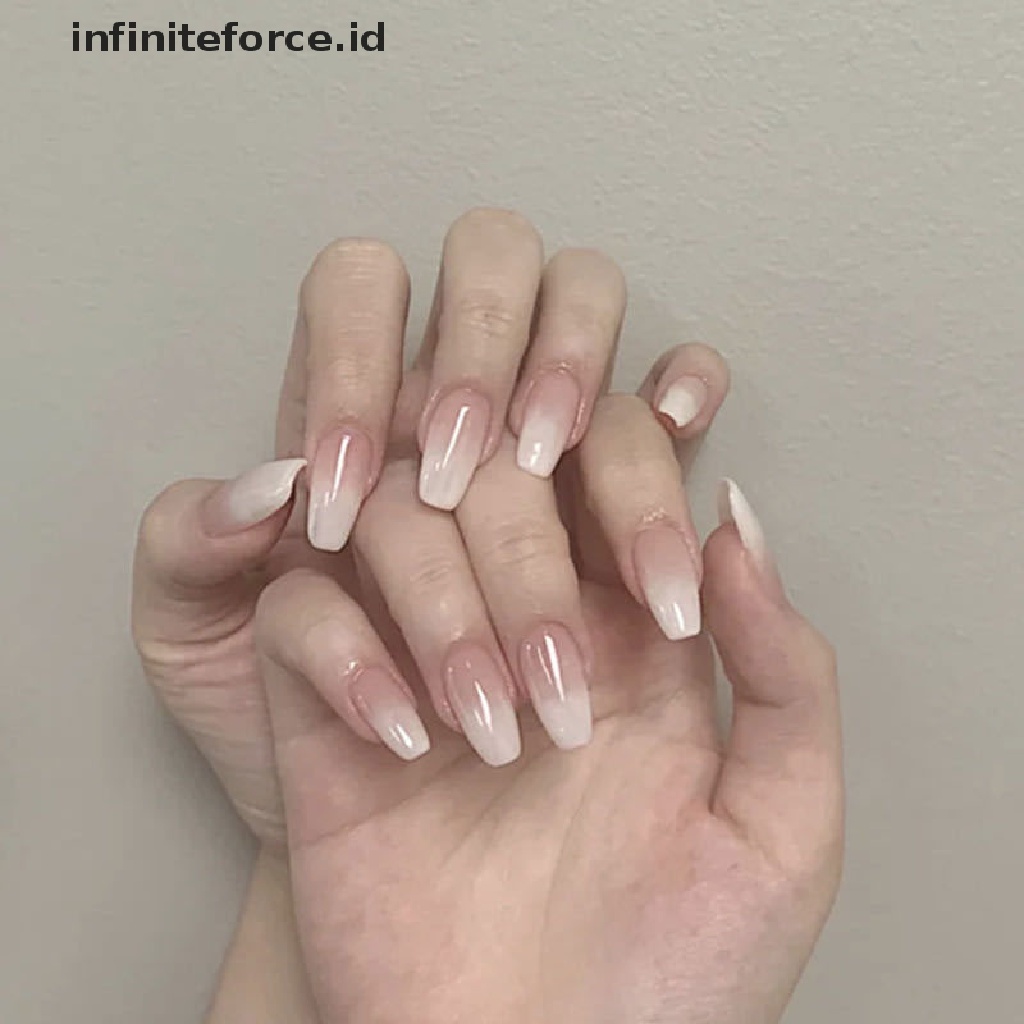 (infiniteforce.id) Kuku Palsu Akrilik Full Cover Warna Putih Gradasi Untuk Manicure / Nail Art