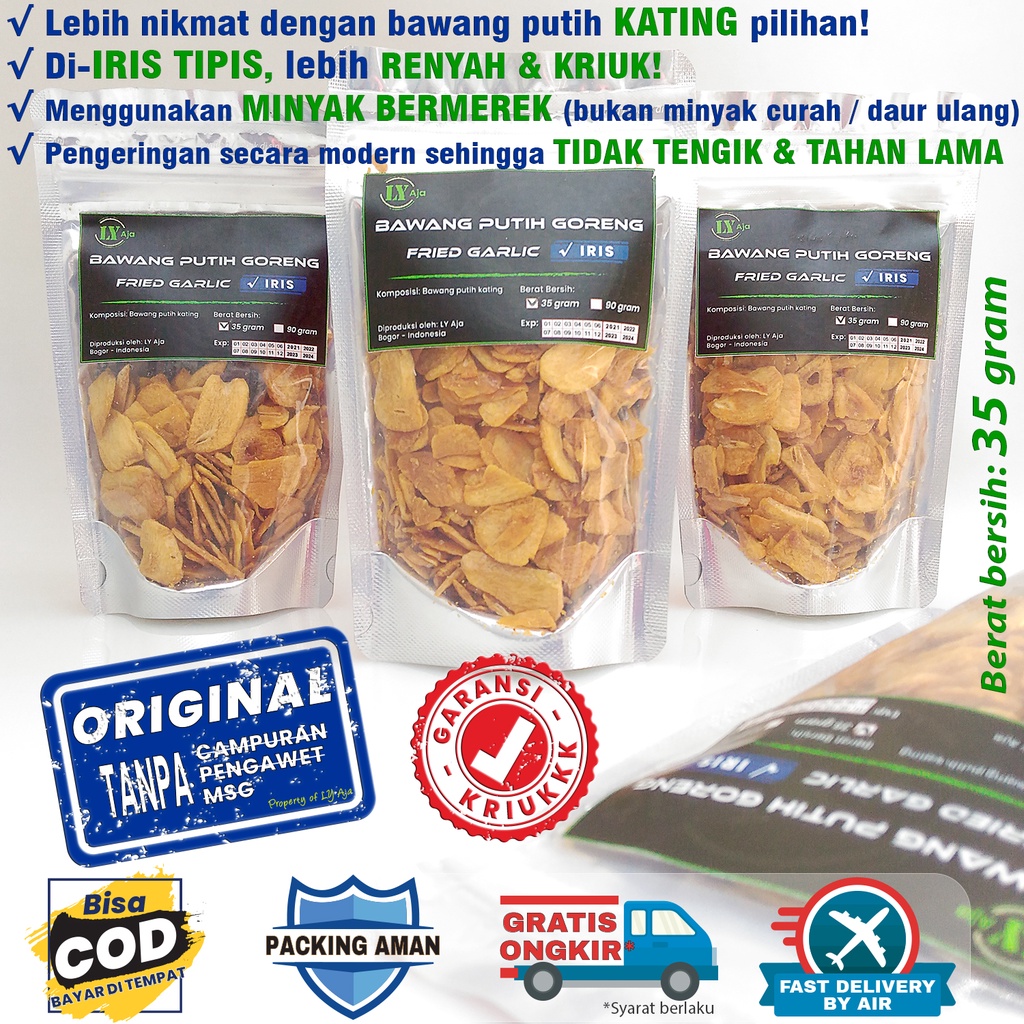 Bawang Putih Goreng Iris 35 Gram Asli Grade A Premium LY Aja Murni Honan Kating Tanpa Tepung 35 Gr