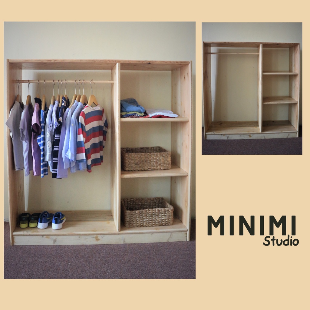 Lemari Baju Anak Rak Kayu Jati Belanda Montessori - Clothy