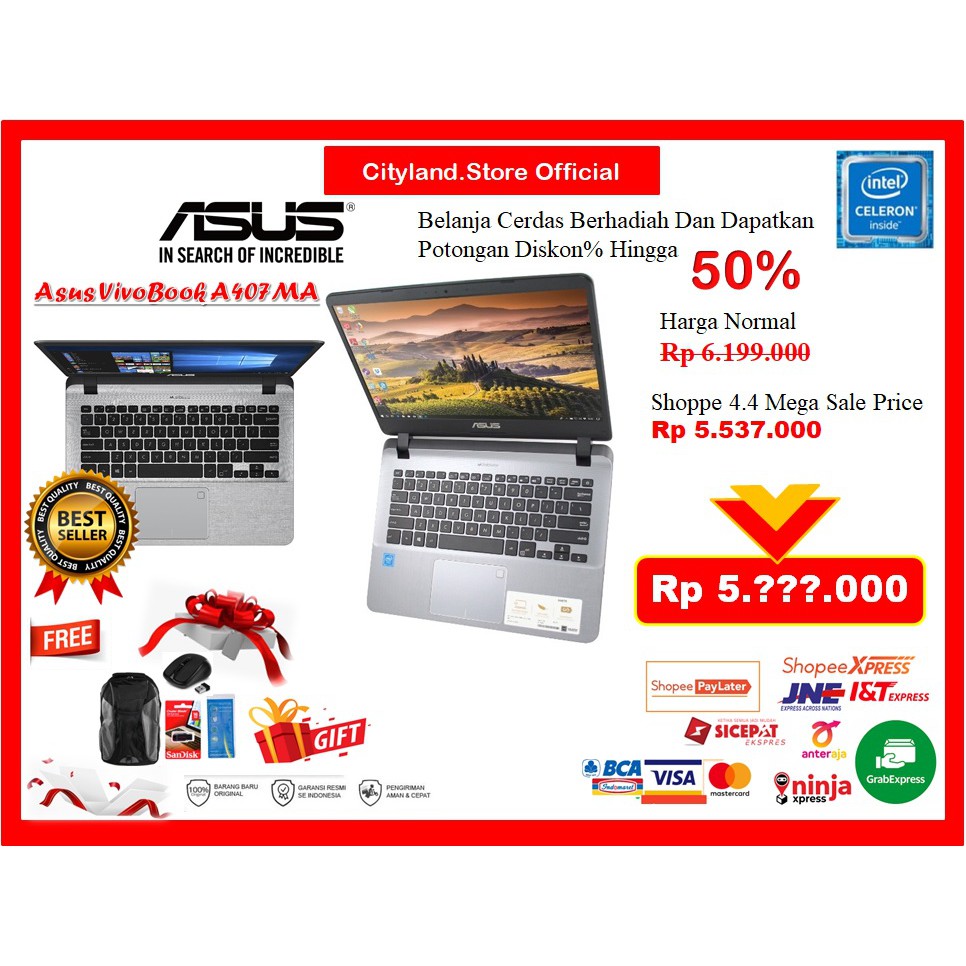 Laptop Asus Vivobook A407Ma Intel Celeron N4000 Finger Print Windows 10 64 Byte-1
