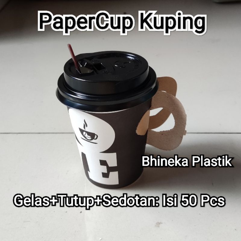 PaperCup Kuping / Gelas  kertas Gagang + Tutup + Sedotan (isi 50pcs), Paper cup, Gelas Kertas, Gelas Kopi