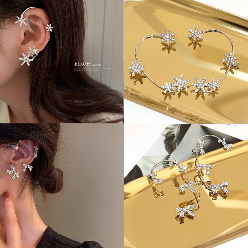 Anting Tusuk Gantung Wanita Bahan Metal Desain Snowflake + Pita + Berlian + Rumbai Gaya Korea Untuk Hadiah