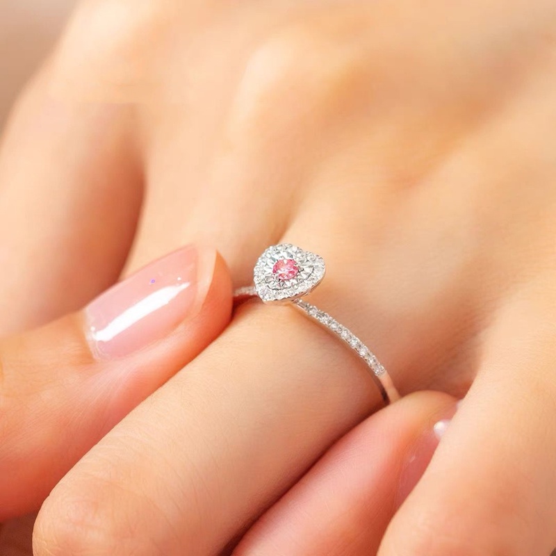 Cincin Sterling Silver 925 Desain Hati Hias Kristal Kubik Zirconia Warna Pink Untuk Wanita