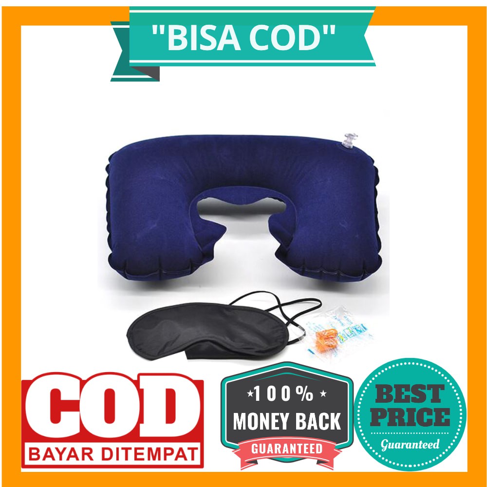 Bantal Leher Inflatable dengan Masker Mata &amp; Earplug - Navy Blue