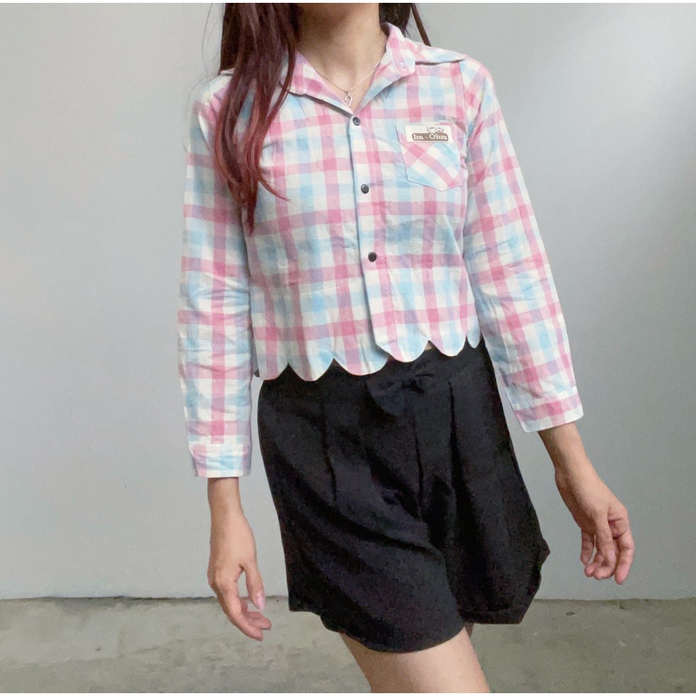 TP340 - ATASAN KEMEJA FLANEL WANITA CROP TOP KOREAN IMPORT