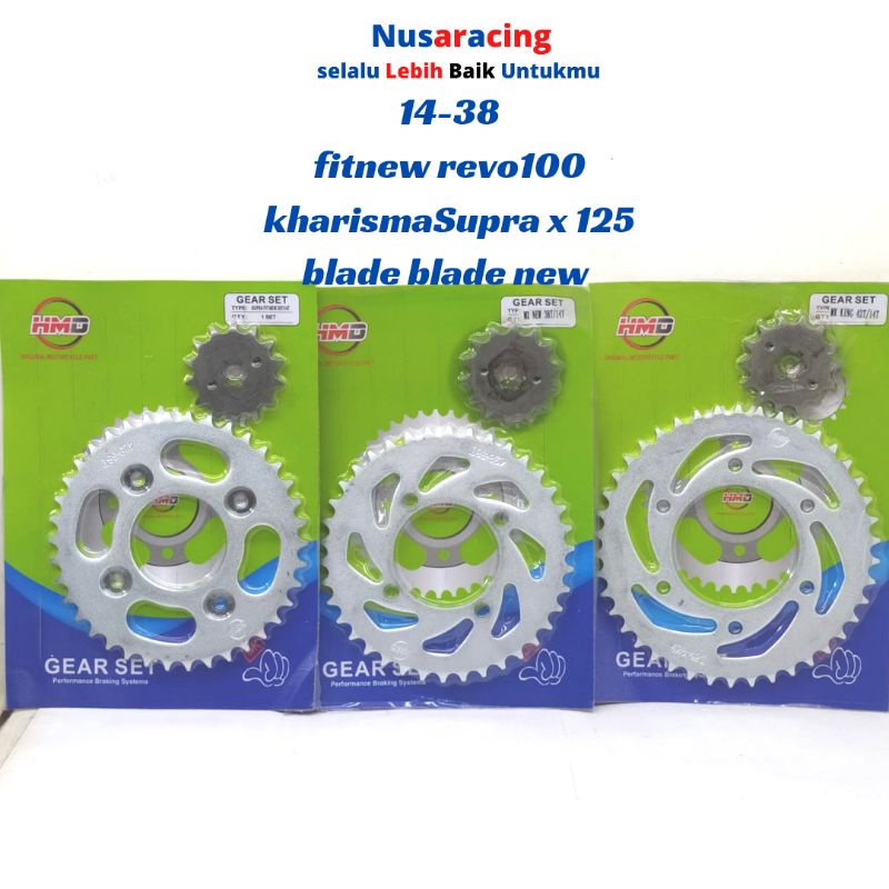 GEAR DEPAN BELAKANG 14-38 FITNEW KHARISMA BLADE NEW REVO FI SUPRA X 125