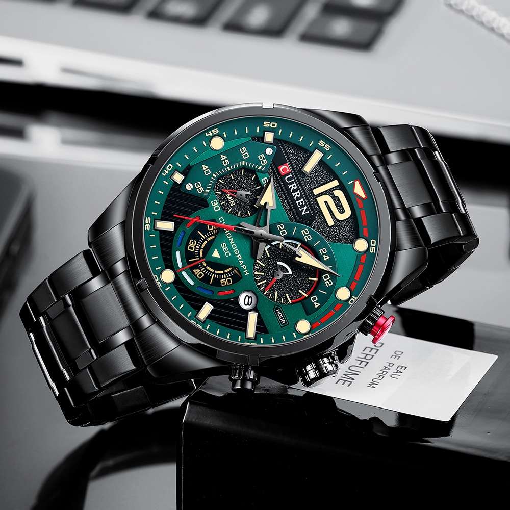 CURREN 8395 Jam Tangan Pria Analog Stainless Steel Chronograph Aktif Luminous Hand Fashion Waterproof Calendar Watch